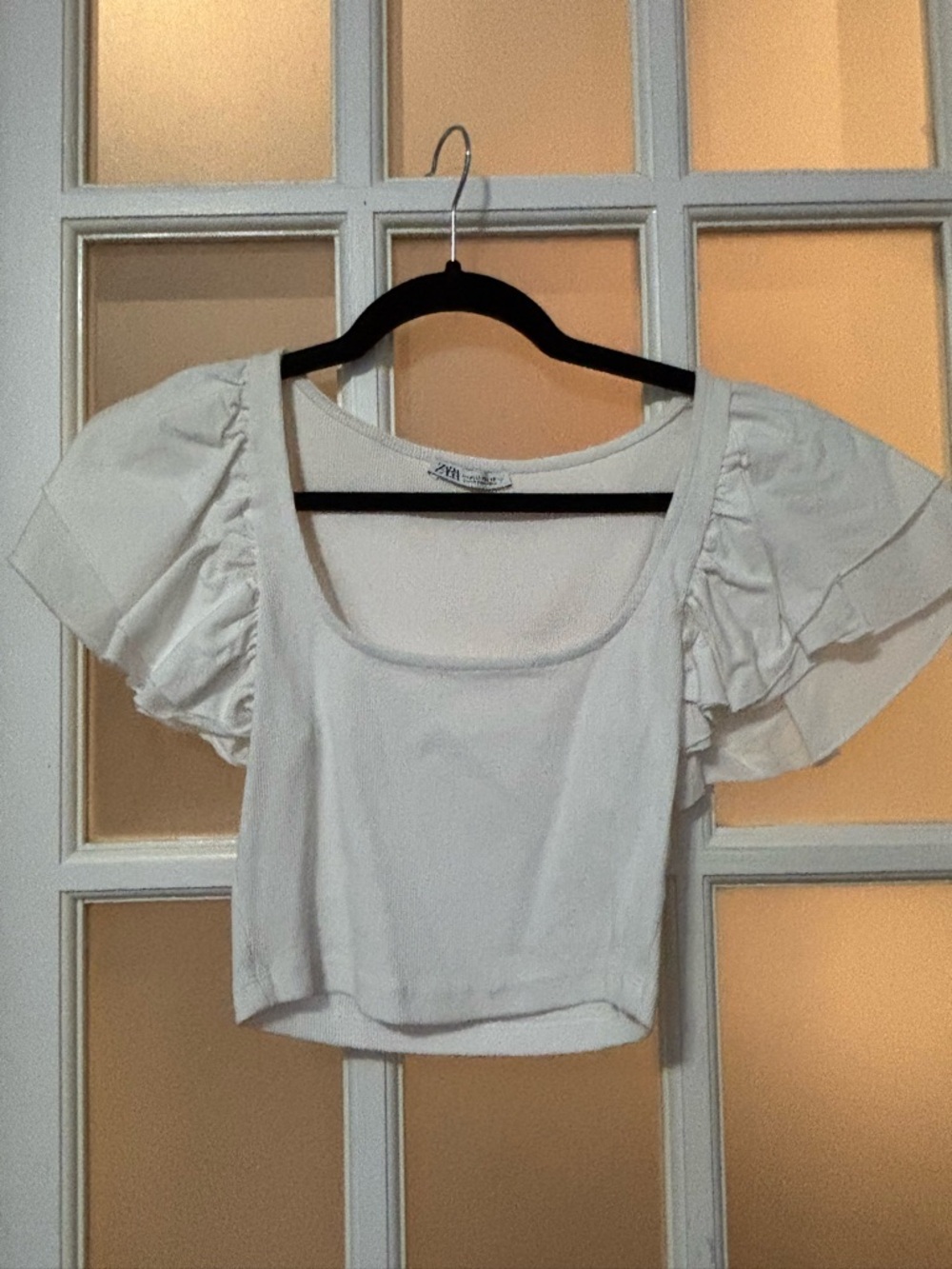 Zara White Square-Neck Crop Top with Ruffle Sleeves
